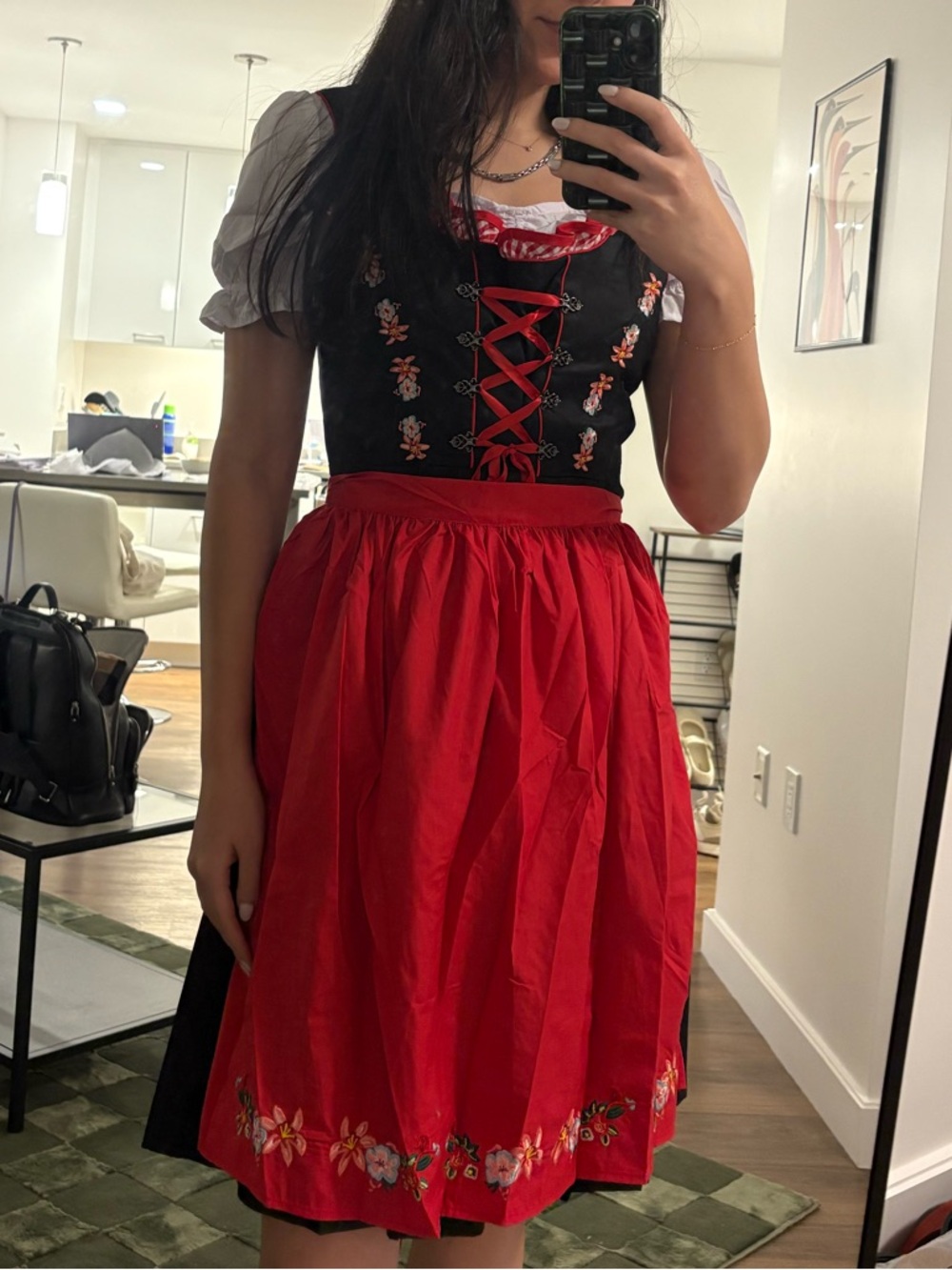 Traditional Dirndl Dress with Red Apron